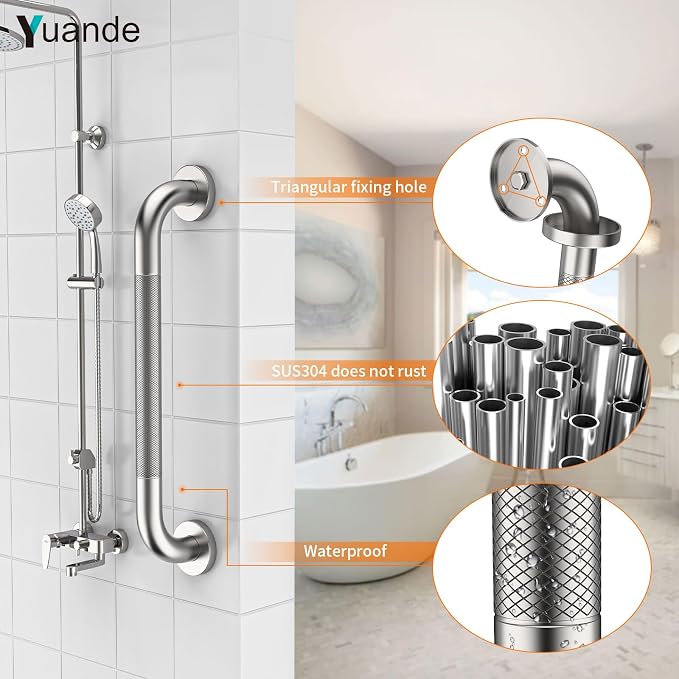 20 Inch Brushed Nickel Shower Grab Bar with Anti-Slip Knurled Grip,YuanDe Stainless Steel Bathroom Grab Bars，Shower Handrail Support, Handicap Elderly Balance Assist Handles