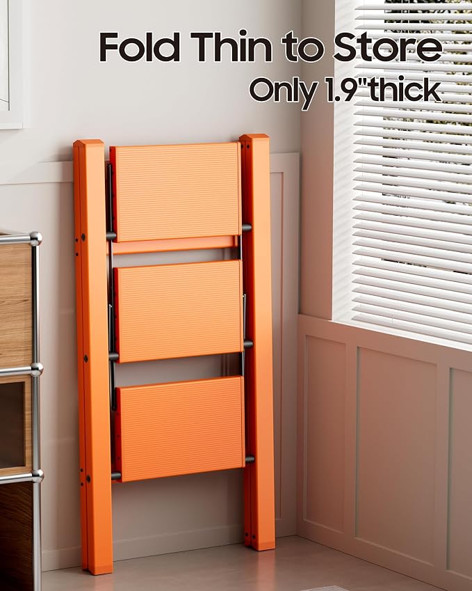 HillhutApex 3 Step Ladder, Lightweight Portable 3 Step Stool with Anti-Slip Wide Pedal, 330lbs Capacity Aluminum Ladder for Household,Office,Kitchen(Orange)