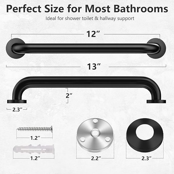 One Pack 12 Inch Matte Black Shower Grab Bar Stainless Steel Safety Hand Rail Support for Showers Bathroom Balance Bar Safety Hand Rail Handicap Bath Handle Senior Assist Bar Home Care Bath Handrail