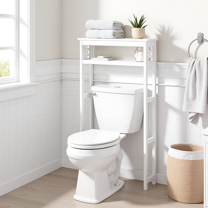 Derby Over-the-Toilet Storage Shelf – 44" Tall Modern Bathroom Space Saver with Open Shelves – Freestanding Organizer Rack for Toiletries & Towels by Alaterre Furniture (White)
