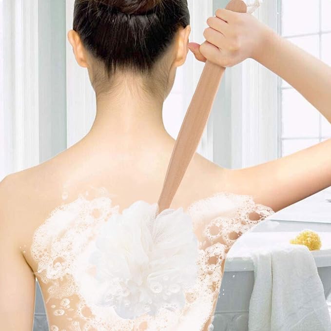 White Loofah with Handle - Back Scrubber for Shower, Exfoliating Body Sponge with Soft PE Mesh and Wood Stick, Clean Look Bath Accessory for Men and Women
