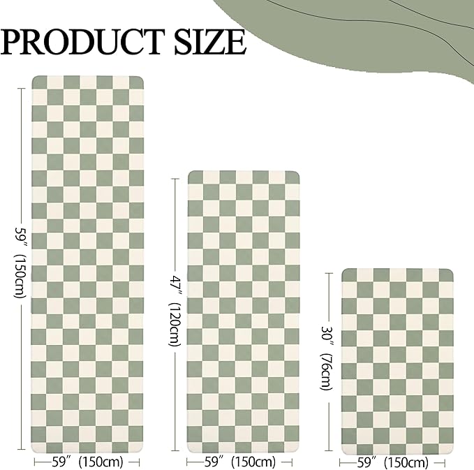 Beige Sage Checkered Grid Checkerboard Kitchen Rug Sets [3 PCs], Anti-Fatigue, Waterproof Non-Slip Kitchen Mats Heavy Duty Comfort Foam Rug for Kitchen, Floor, Laundry,17" Wx29/47/59“L