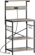 SUPERJARE Kitchen Bakers Rack with Power Outlet, Coffee Bar Table 4 Tiers, Kitchen Microwave Stand with 6 S-shaped Hooks, Kitchen Storage Shelf Rack for Spices, Pots and Pans - Greige