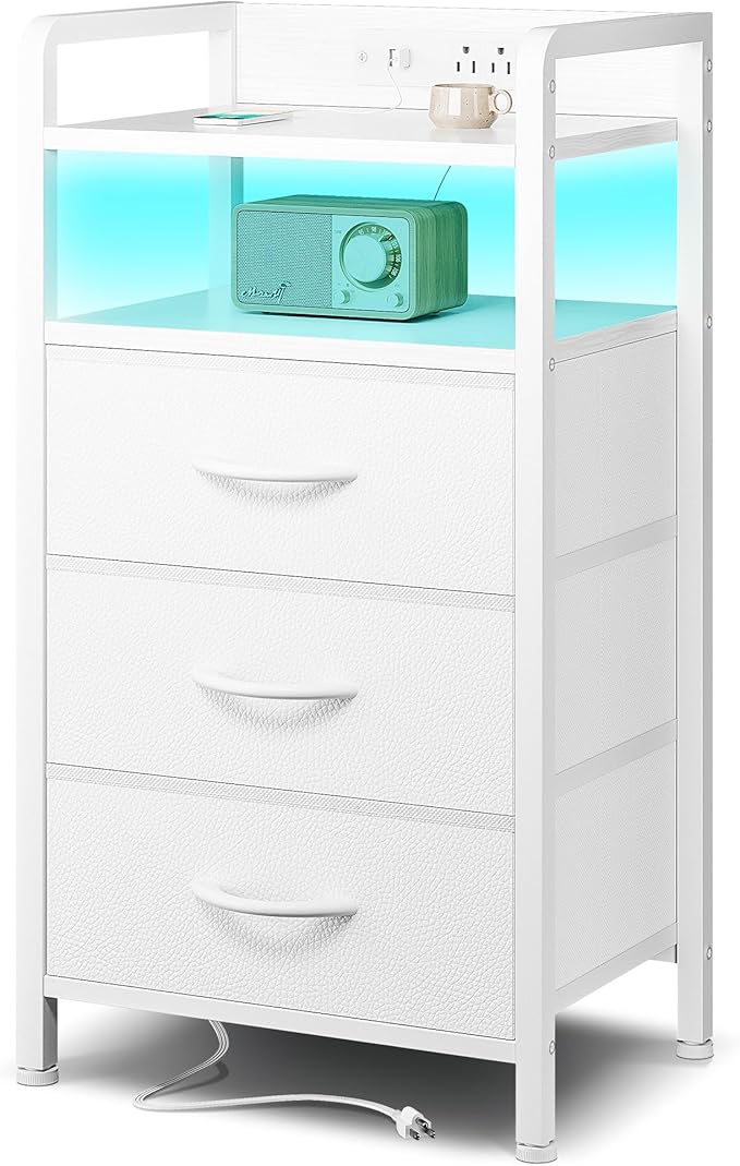 Lazzanto Night Stand Bedside Charger Bedroom - Nightstand with Charging Station, Bed Side Table with LED Light Strip, End Table with U-S-B Ports & AC Outlets, Storage Shelf & 3 Fabric Drawers, White
