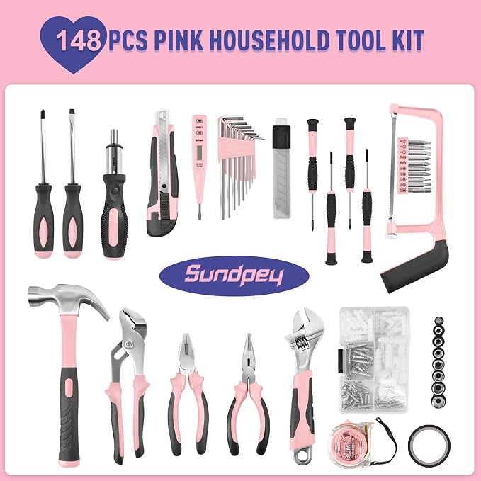 Sundpey Home Tool Kit 148-Pcs - Household Starter Basic Hand Repair portable Tool Set with Case & Ratcheting Screwdriver & Hex Key & Pliers & Wrench & Voltage Tester & Water Pump Plier for Women