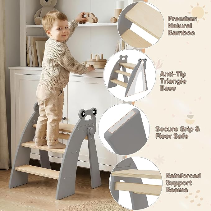 Step Stool for Toddlers, 3-Step Kids Step Stool for Bathroom Sink, Foldable Toilet Potty Training Bamboo Wooden Stool with Handles and Non-Slip Pads for Bedroom, Kitchen Stool Helper, Grey
