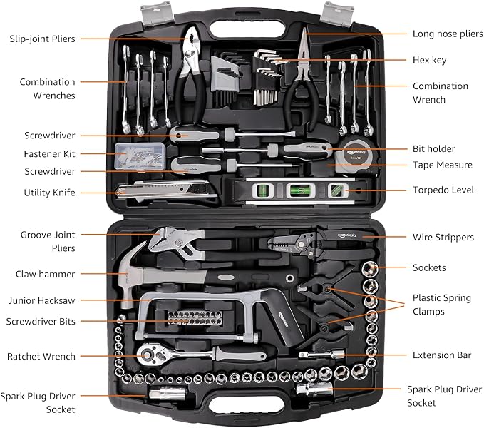 Amazon Basics 173-Piece General Household Hand Tool Set with Storage Case, Portable Tool Kit for Home Maintenance and Everyday Repairs