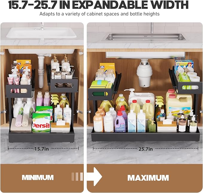 1 Pack-16"-26"W Expandable Under Sink Organizer With Upgrade Ball-Bearing Slide,2-Tier Pull Out Under Cabinet Organizer Height Adjustable,Not Suitable For Cabinets With Partitions In The Middle