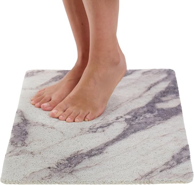 ENKOSI Loofah Non-Slip Shower and Bath Mat - Soft Cushioned Comfort - No Suction Cups for Smooth or Textured Tubs - Fast Draining - Safety for Bathroom, Family, and Elderly (24x16 Marble Grey)