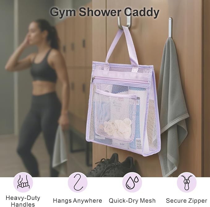 F-color Mesh Shower Caddy Portable Hanging - 3 Pockets Small Shower Bag Tote for Camping, Gym, Travel, Toiletry, Quick Dry Bathroom Essentials with S Hook, Purple