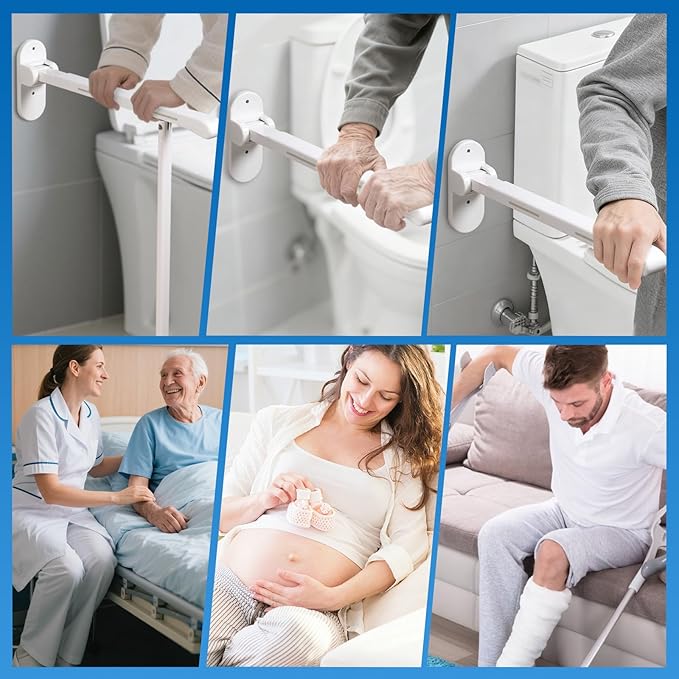 26.8 INCH Flip-Up Toilet Grab Bar with Support Leg, Wall-Mounted Safety Rail for Bathroom, Night Glow Strips on Both Sides, Folding Handrail for Elderly & Disabled