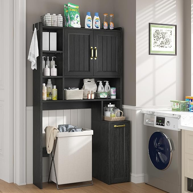 UPOSOJA Over The Toilet Storage Cabinet with Pulley, Bathroom Cabinet, Space Saver W/Adjustable Shelf Rack for Bathroom, Restroom, Laundry (Black-Type A)