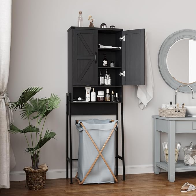 Vabches Over The Toilet Storage Cabinet with 2-Door Design Bathroom Organizers and Storage with Anti-Tip Device Over Toilet Organizer with Shelves for Bathroom,Restroom,Laundry Black