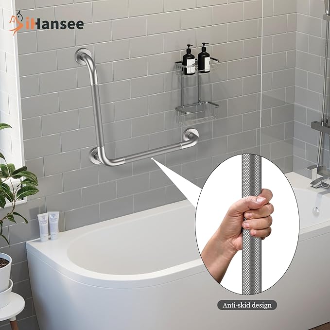 Angled Grab Bar 16x16 Inch Stainless Steel Knurled Toilet Handles Wall Mounted Bathroom Handicap Safety Rails for Elderly Injured Balance Support, L-Shaped Brushed Nickel Grab Bar for Shower