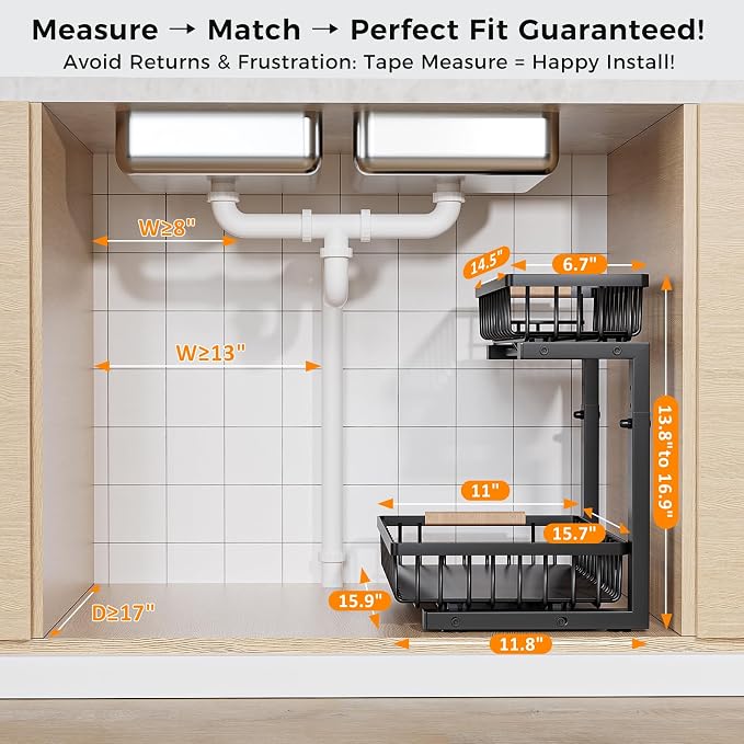 Under Sink Organizer,2 Pack Under Kitchen Sink Organizer,2 Tier Sliding-Out,5 Level Height Adjustable,Thickened Carbon Steel,Anti-Rust Treatment,for Kitchen Bathroom Black