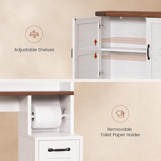 UPOSOJA Farmhouse Over The Toilet Storage Cabinet with Pulley Small Bathroom Storage Cabinet, Space Saver W/Adjustable Shelf & Open Shelf for Bathroom, Restroom, Laundry (White Brown-Type B)