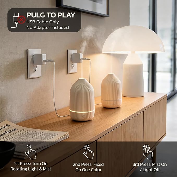 Essential Oil Diffuser, 2Pack, 100ml Aromatherapy Diffuser, Mini Ultrasonic Diffuser for Essential Oil, Home, Office, Cool Mist Humidifier with 7 Led Light, Auto Shut-Off, White