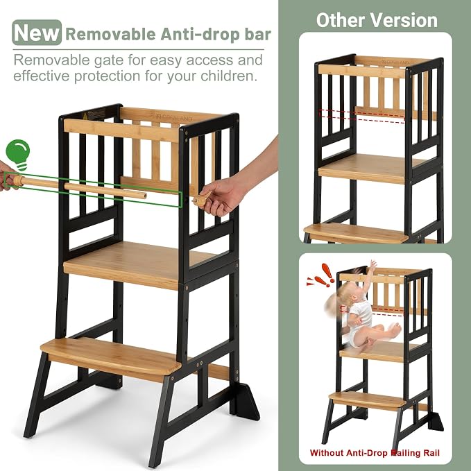 COSYLAND Toddler Standing Tower - Adjustable Height Toddler Kitchen Stool Helper - Kids Kitchen Step Stool for Learning with Removable Safety Railing Black&Natural