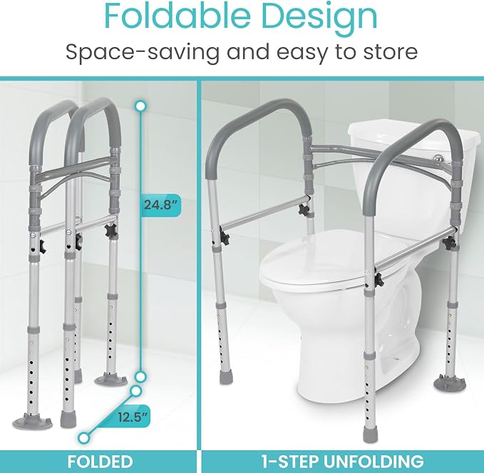 Vive Toilet Safety Rail - Medical Chair for Handicapped & Seniors - Folding Bathroom Frame w/Handles, Arms for Elderly, Disabled - Standalone Grab Bar - Seat Assistance Support Stand Up Assist