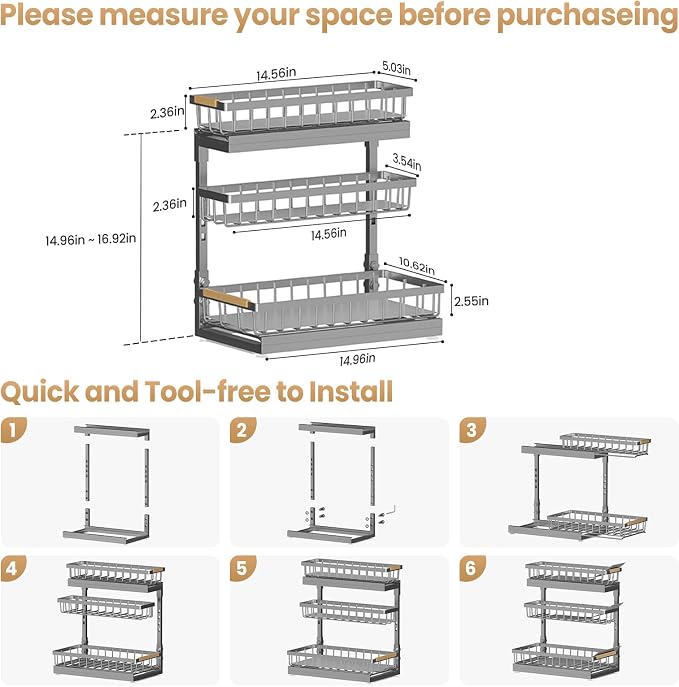 Under Sink Organizer and Storage for Bathroom and Kitchen - 2 Pack 3 Tier Under Cabinet Pull Out Shelf Organizers - Slide Out Drawer Organization for Home Cabinets Shelves and Drawers