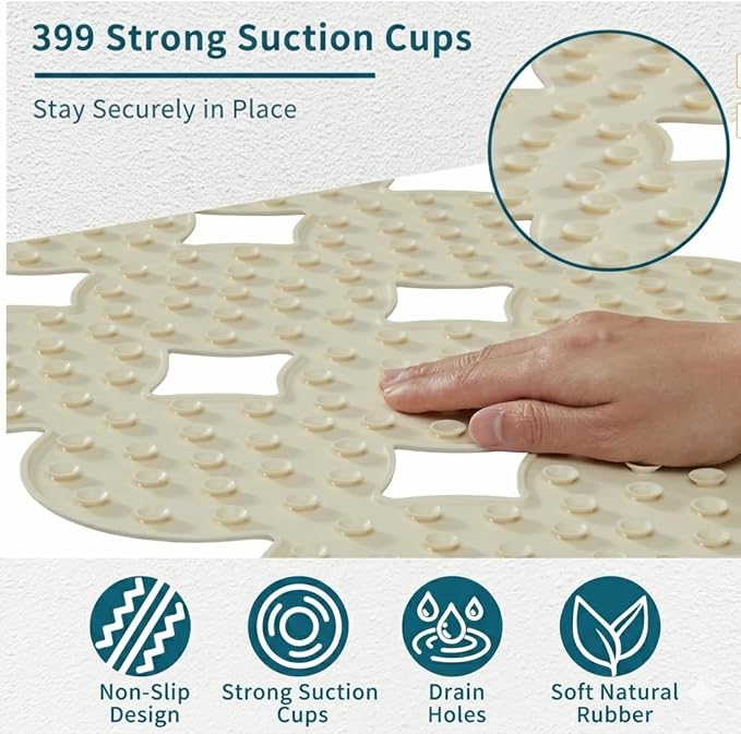 Webos Bathtub Mat Non Slip: Extra Long Rubber Bath Mat for Tub with Strong Suction Cups 15.4" x 37.8" Anti Slip Shower Mat, Big Drain Holes Bathroom Mats for Tub & Shower, Circle-Beige