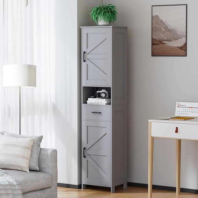 Homhedy 67" H Tall Bathroom Storage Cabinet with 2 Barn Doors and 1 Drawer, Narrow Storage Unit, Adjustable Shelves, Floor Cabinet for Bathroom, Living Room, Entryway, Kitchen, Gray, (15.7" W)