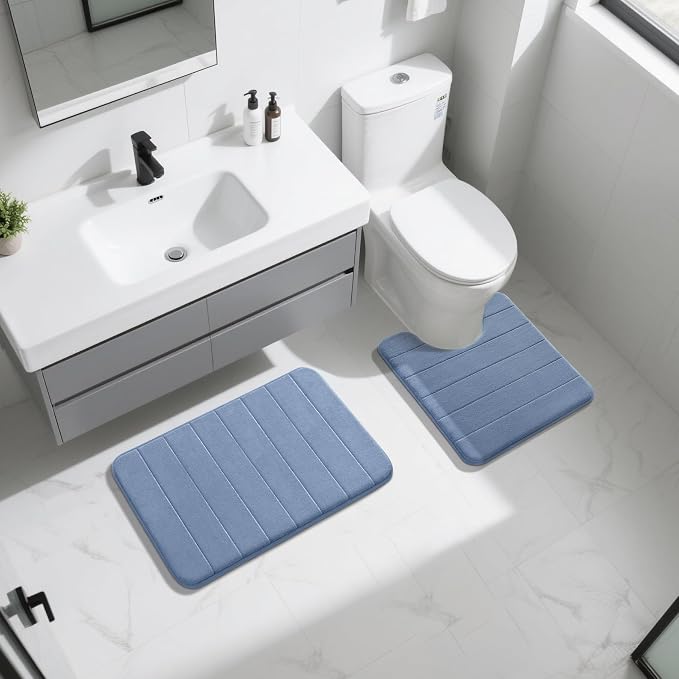 Yimobra Memory Foam Bath Mat Set 2 Piece - Super Soft Absorbent Quick Dry Bathroom Toilet Rugs, Machine Washable Non Slip Floor Carpet for Tub Shower & Single Sink (31.5x20 & 24x20, Denim Blue)