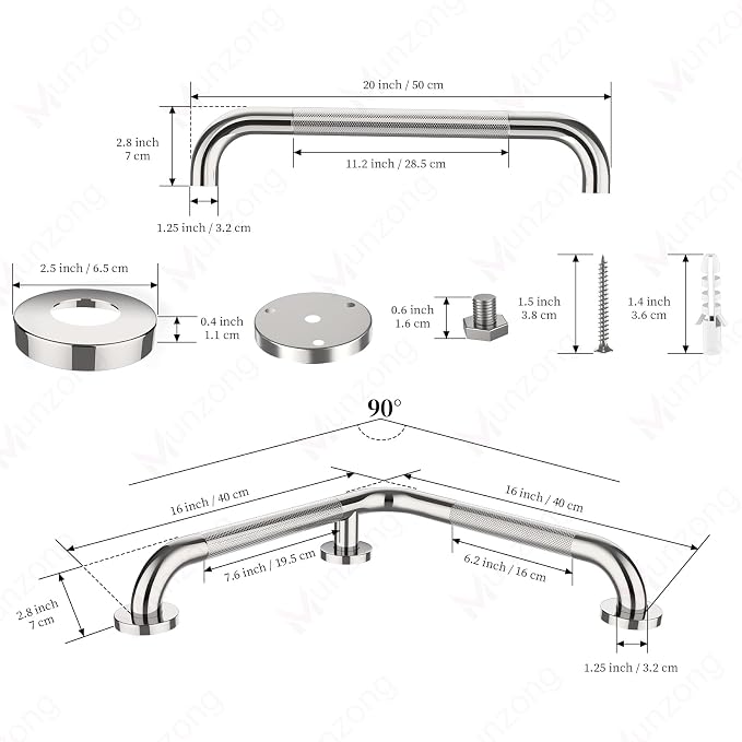 16 Inch Angled Bathroom Grab Bars with 20 Inch Straight Munzong Brushed Nickel Toilet Handicap Grab Rail for Showers,Anti Slip Stainless Steel Knurled Safety Handle Support Elderly Injury Senior