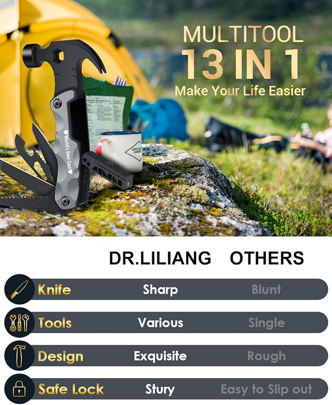 Fathers Day Dad Gifts from Daughter Son Wife, 13-in-1 Hammer Multitool, Cool Camping Accessories & Survival Tools, Unique Birthday Present Ideas Gifts for Men, Husband, Grandpa, Step Dad, Him
