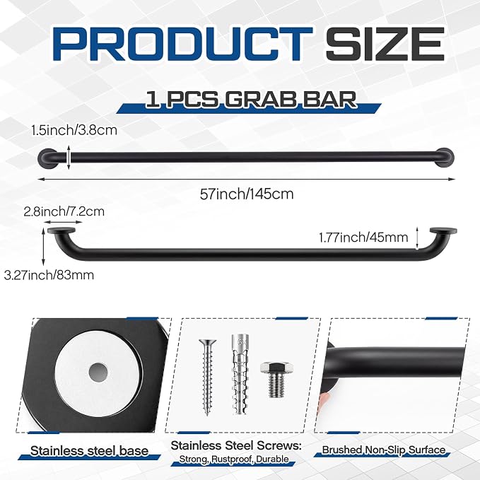 Zonon 1 Pcs 57 Inch Grab Bar for Bathroom Shower Toilet Bathtub, Stainless Steel Extra Long Safety Grab Bar for Elderly, Heavy Duty Shower Support Handle for Seniors Handicapped (Classic Style,Black)