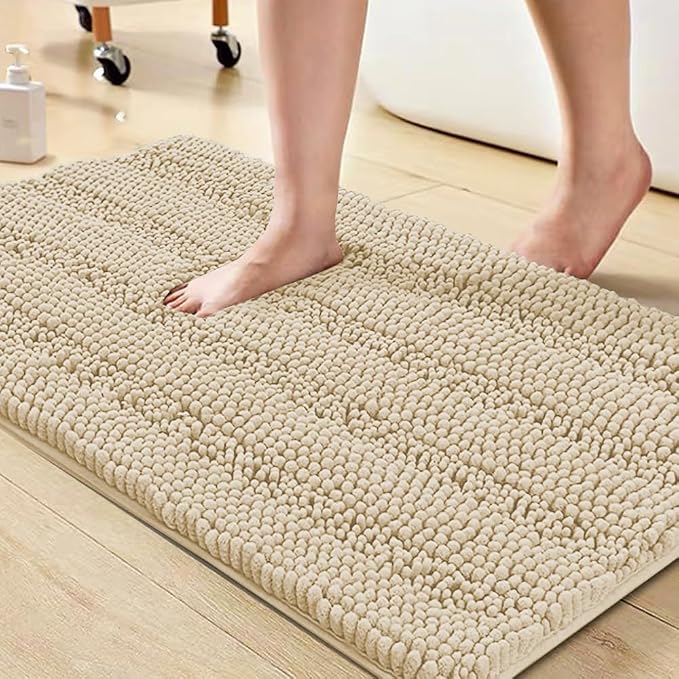 Turquoize Luxury Chenille Bath Rug for Bathroom Rugs Extra Absorbent Bath Mat Non Slip Microfiber Shower Rugs for Bathroom Microfiber Shaggy Carpet Rug Size, 20"x 32", Fog