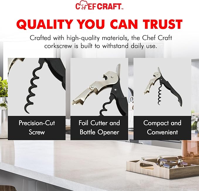 Chef Craft Select Waiters Corkscrew with Foil Cutter and Bottle Opener, 5 inches in Length, Stainless Steel/Black