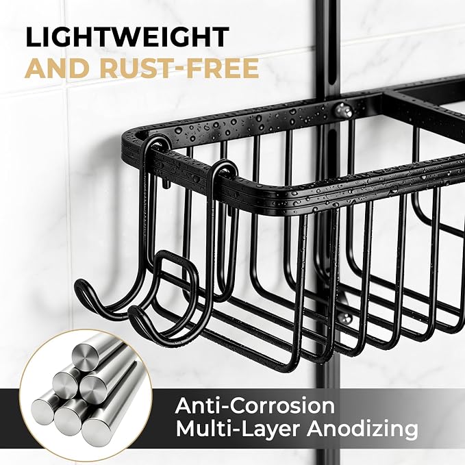 Adjustable Hanging Shower Caddy for Handheld Showerhead, Rustproof Aluminum Over Shower Head Organizer, Renter-Friendly No-Swing Storage for Tall Bottles & Soap, 2-Tier, Black