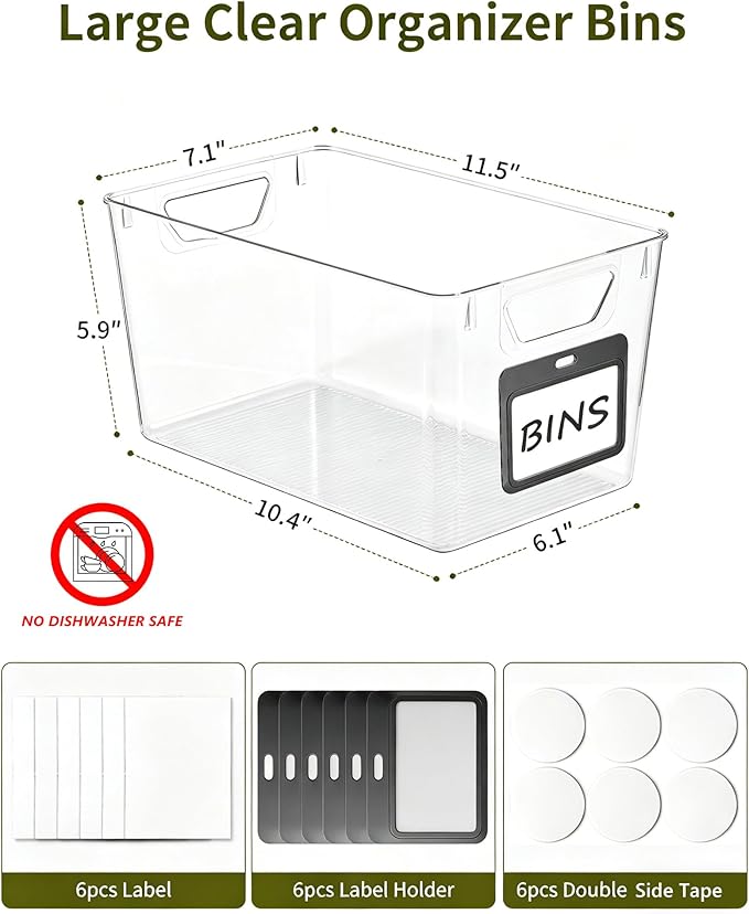 iCASA Clear Organizer Bins - 6 Pack Plastic Pantry Organizers & Storage Containers with Handles & Labels, Home Organization Must Haves for Kitchen, Under Sink, Cabinet Fridge, Bathroom, Shelf, Laundry