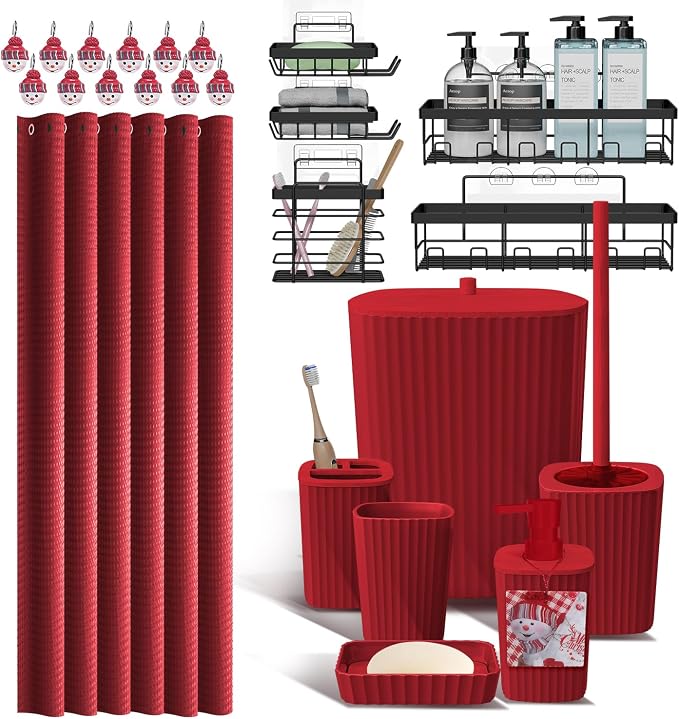 Clara Clark Bathroom Set - Christmas Bathroom Accessories Set, 24PC Bathroom Accessory Set, Christmas Bathroom Sets with Adhesive Corner Shower Caddy Hanging, Toilet Brush, Trash Can & Soap Dispenser