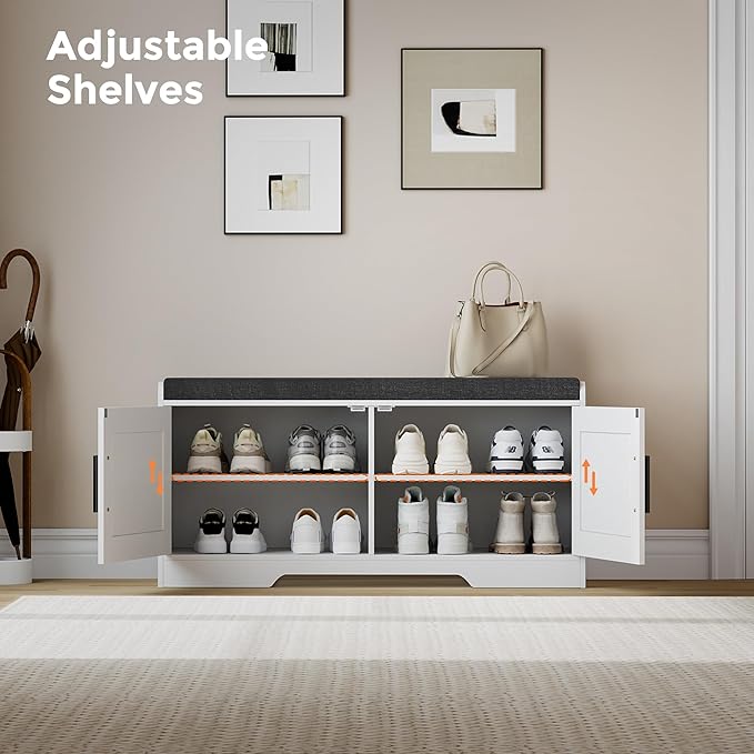 Homleke 2-Tier Storage Bench, Shoe Bench with Thickened Padded Seat Cushion, Entryway Bench with 2 Doors, Adjustable Shelf, 13.8" D x 37.4" W x 18.5" H, for Entryway, Living Room, Bedroom, White