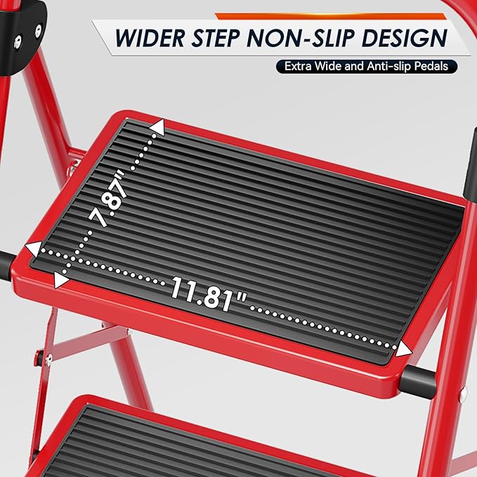 Urackify Step Ladder, 3 Step Ladder with Anti-Slip and Wide Pedal, Portable Foldable Step Stool with Handgrip, Sturdy Step Ladder for Home Kitchen Household, Red
