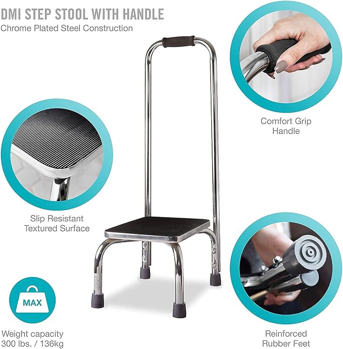 DMI Step Stool with Handle and Non Skid Rubber Platform, Lightweight and Sturdy Stool for Seniors, Adults and Children, Holds up to 300 Pounds with 9.5 Inch Step Up, 17.3"D x 12.3"W x 34"H, Chrome