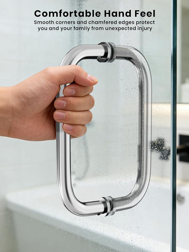 Shower Door Handle, 8 Inch Hole Centers (CTC), 304 Stainless Steel Back-to-Back Glass Door Pull Replacement Hardware for Frameless Sliding Bathroom Doors, Heavy Duty Tubular Grip, Chrome Silver