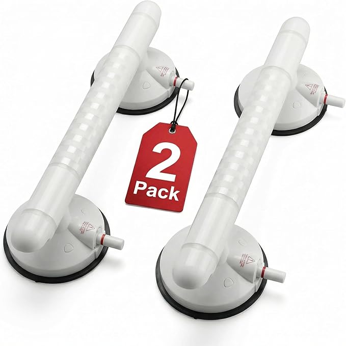 Magicbox Grab Bars for Bathtub and Shower, 2 Pack 18 inch Re-Pressurizable Vacuum Suction Handle with Red Line Indicator, No Drilling Bathroom Grab Bar for Seniors