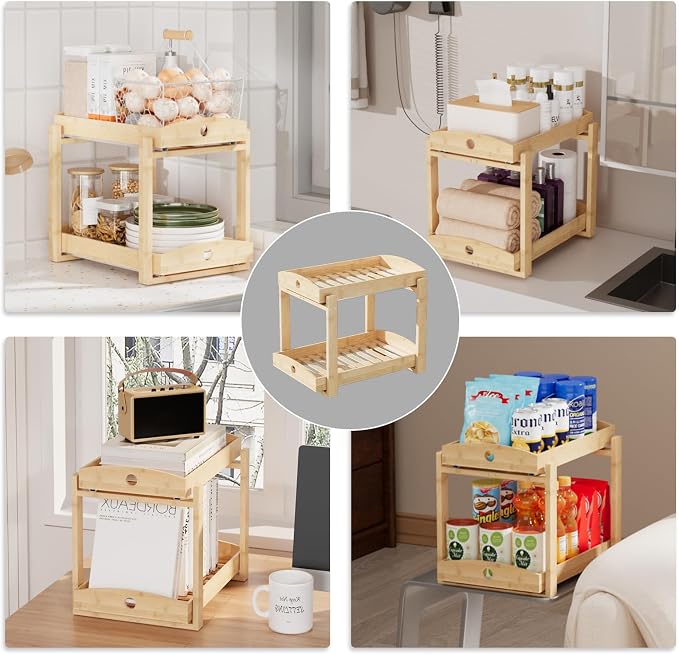 Bamboo Wood Under Sink Organizer 1 Pack, Pull Out Cabinet Organizer 2 Tier Under Sink Organizers and Storage with Sliding Drawer Sturdy Easy Assembly for Kitchen Bathroom Undersink (Nature, 2 Packs)