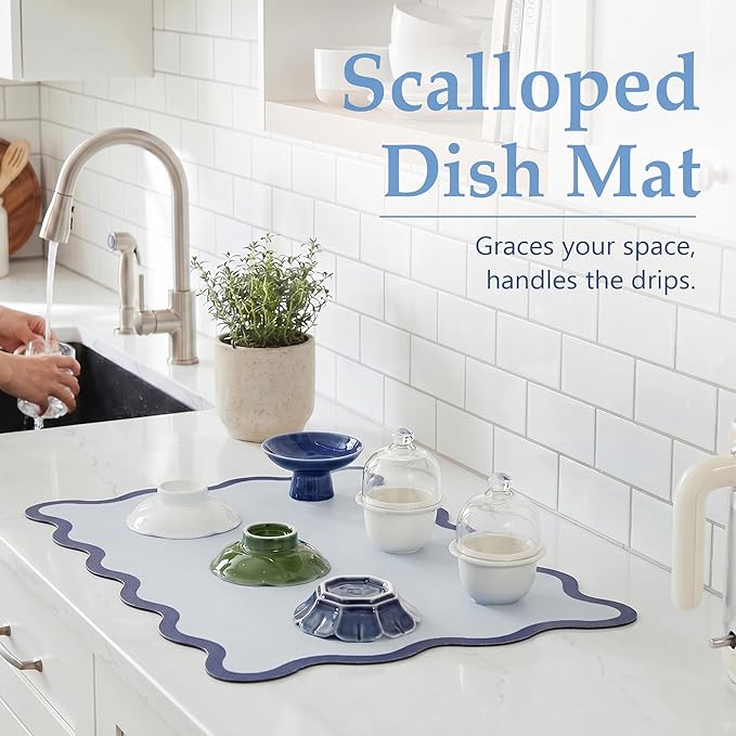 Scalloped Dish Drying Mat for Kitchen Counter, Absorbent Easy Clean Non-slip Coffee Bar Station Accessories, Trendy Cute Aesthetic Modern Drainer Kitchen Drying Mat, Blue 15" x 24"