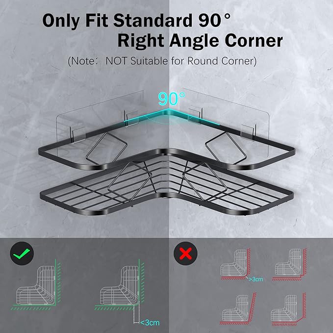 Shower Caddy, 2 Pack Corner Organizer Shelf, Rustproof Wall Mount Shower Storage Rack, No Drilling, 40 lbs Capacity (Glossy Black)