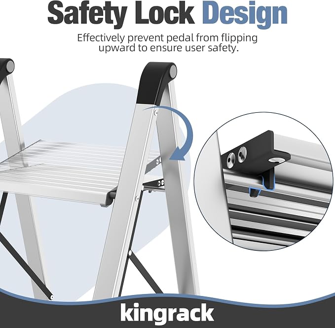 KINGRACK Aluminum Step Ladder, 2 Step Ladder Folding Design, Step Stool Foldable with Safe Grip, Non-Slip Handrails, Safety Lock, Heavy Duty 330LBS for Home, Kitchen, Garage, RV, Sliver