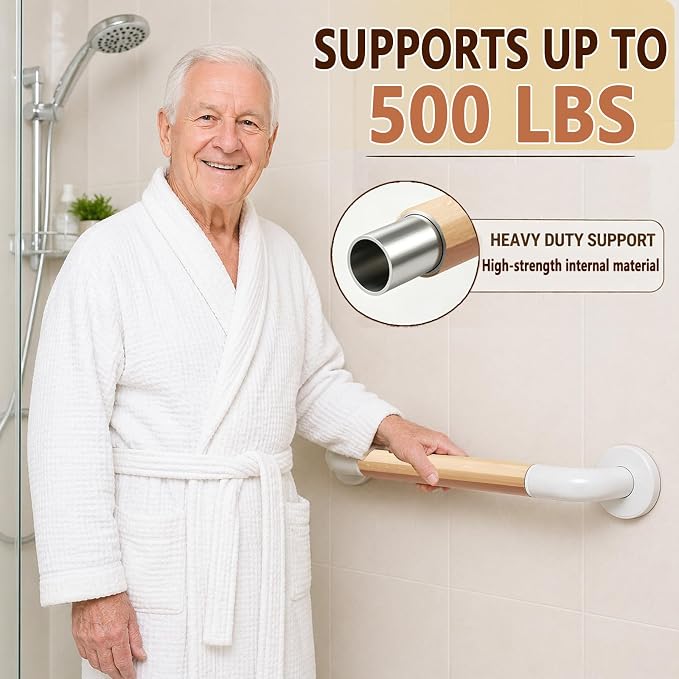 Grab Bars for Shower, 2 Pack 16 Inch Bathtub and Bathroom Safety Handle for Seniors, Anti-Slip Faux Wood Grip, Heavy Duty Shower Handles, Supports up to 500 lbs for Elderly, (Wide Bold Strip)