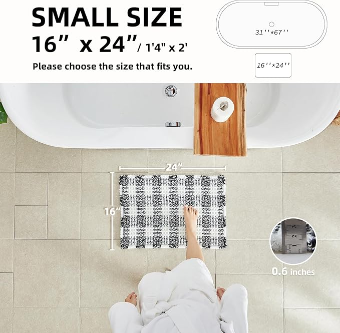 TYUU Waffle Bath Mat, Boho Bathroom Rugs Non Slip Washable Absorbent Checkered Bathroom Mat Quick Dry Farmhouse Bathroom Decor, 24"x16" Black and White