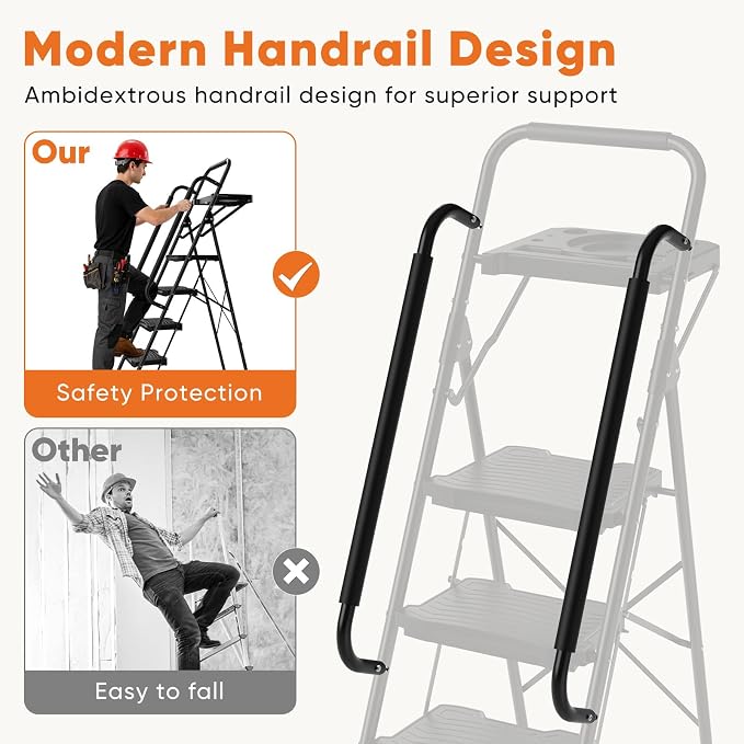 Sweetcrispy 5 Step Ladder, 800lbs Folding Step Stool with Wide Anti-Slip Pedal, Tool Tray Sturdy Ladder, Convenient Handrail, Lightweight, Portable Stepping Stool, Black