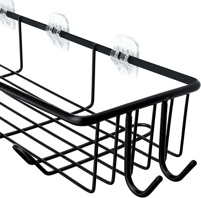 Amazon Basics Shower Shelves Organizer，5-Piece Stainless Steel Caddy Set with Soap Holder and Brush Holder, Adhesive Mount, Black | Pack of 5 Adhesive