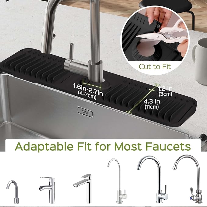 18 Inch Silicone Faucet Mat for Kitchen Sink Splash Guard – 2025 Upgraded Draining Mat with Water Tray Behind Faucet – Countertop Protectors to Catch Spills (Black, 17.7" x 5.5")