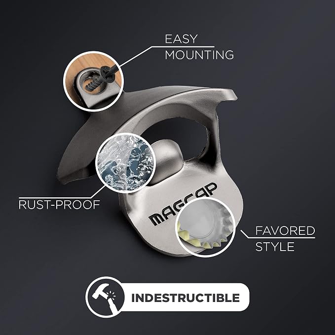Outdoor Bottle Opener Wall Mounted - Style Magnetic Beer Bottle Opener that Catches Caps - Easy to Install and Incredibly Convenient